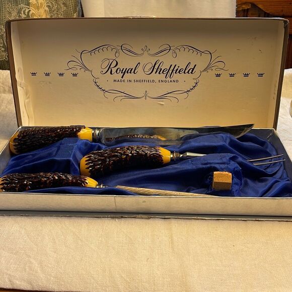 Royal Sheffield vintage carving set stainless steel Stag handles Sheffield Engla - Picture 1 of 11